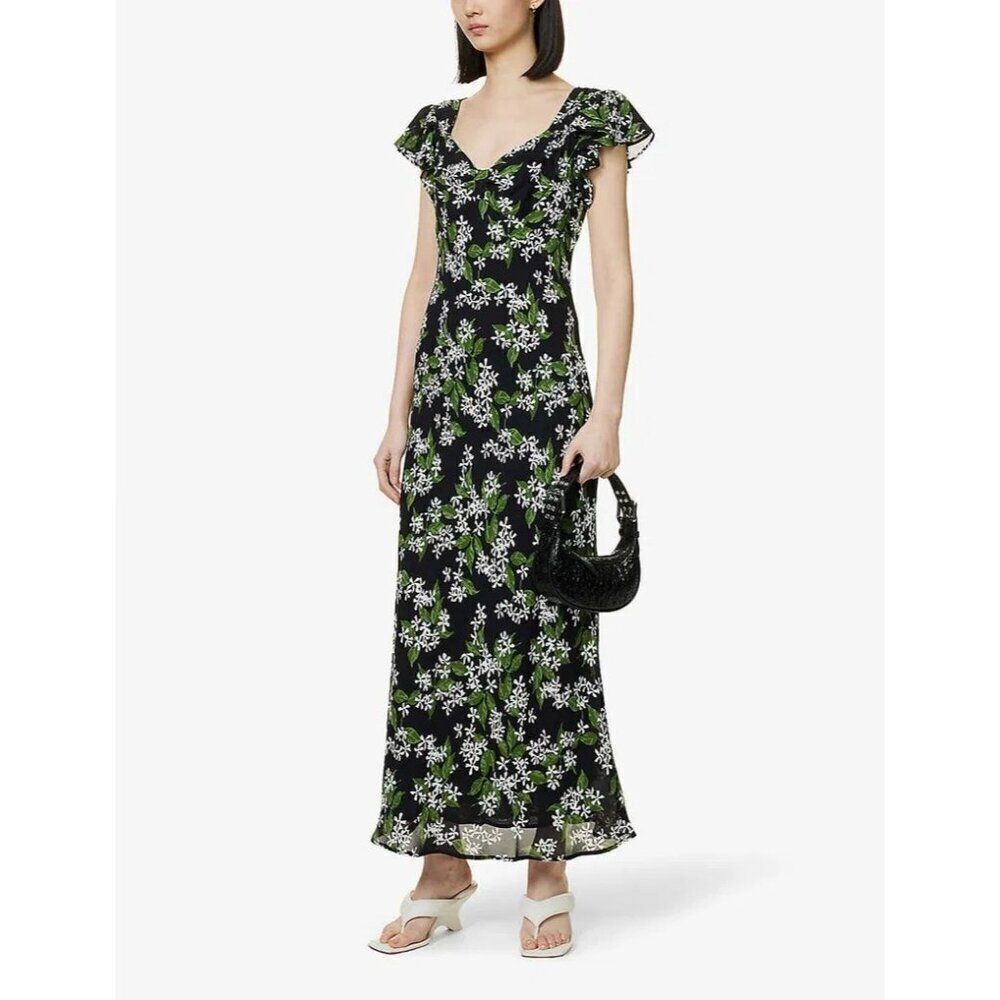 NEW‎ Reformation Lisola Dress Size Large Aroma Black Green Floral Sheer Chiffon